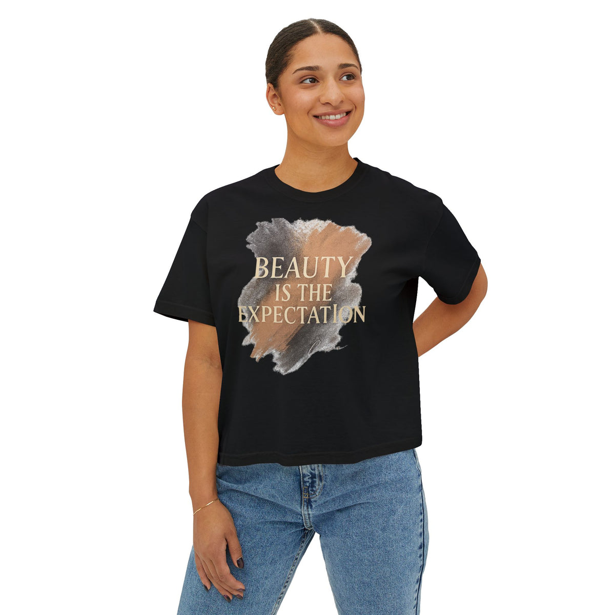 A woman wearing the Beauty Is the Expectation Boxy Tee in Black Color | Pretty & Petty | Pretty and Petty