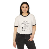 A Woman Wearing The On My High Horse Tee in Natural Color with Black Lines | Pretty & Petty | Pretty and Petty