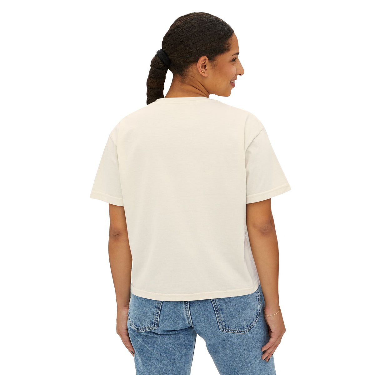 A woman wearing the Beauty Is the Expectation Boxy Tee in Ivory Color | Pretty & Petty | Pretty and Petty