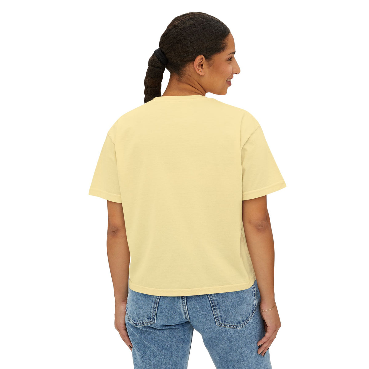 A woman wearing the Beauty Is the Expectation Boxy Tee in Butter Color | Pretty & Petty | Pretty and Petty