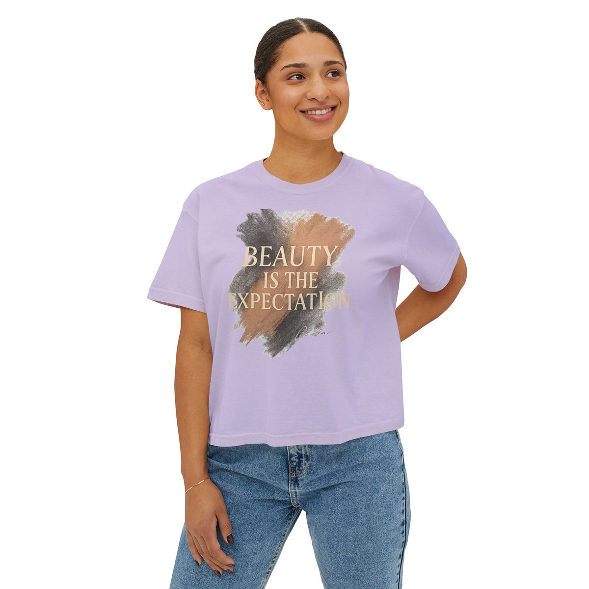 A woman wearing the Beauty Is the Expectation Boxy Tee in Orchid Color | Pretty & Petty | Pretty and Petty