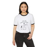 A Woman Wearing The On My High Horse Tee in White Color with Black Lines | Pretty & Petty | Pretty and Petty