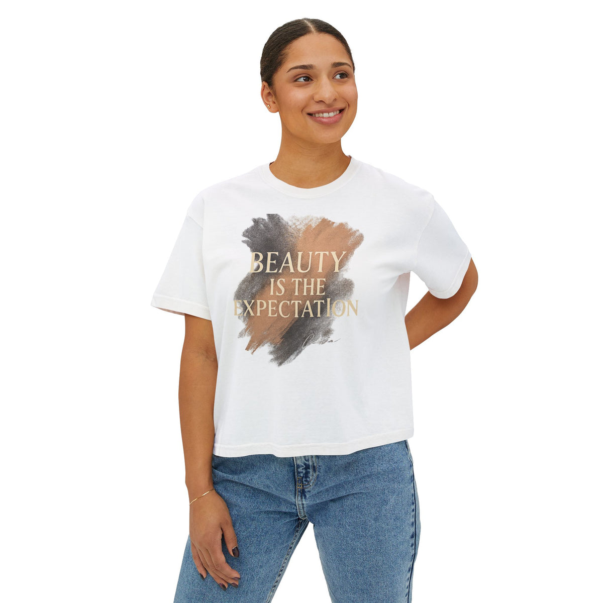 A woman wearing the Beauty Is the Expectation Boxy Tee in White Color | Pretty & Petty | Pretty and Petty