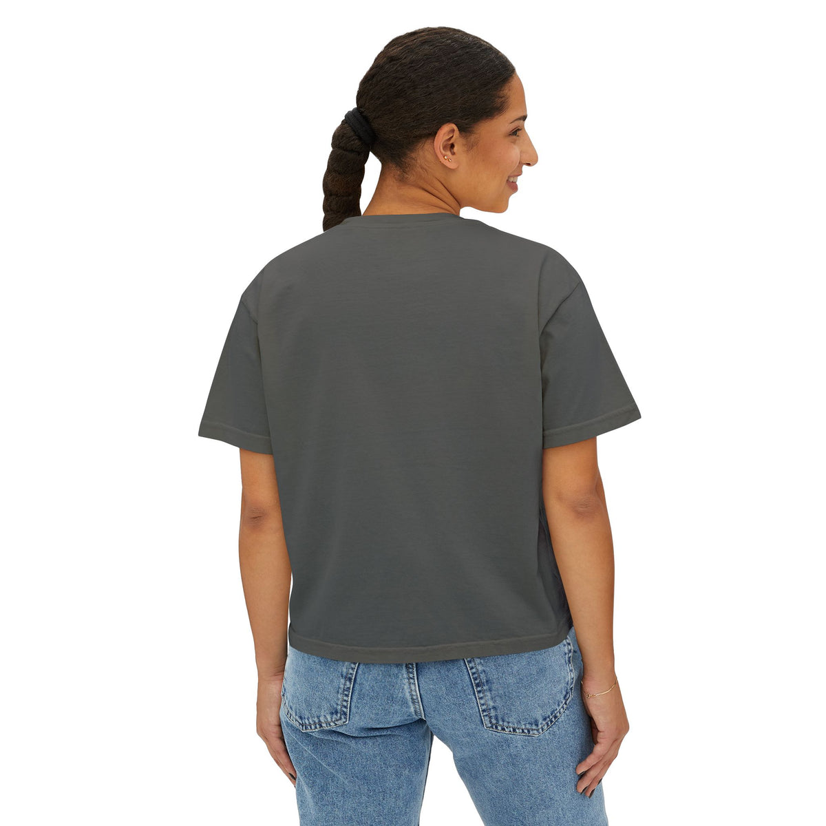 A woman wearing the Beauty Is the Expectation Boxy Tee in Grey Color | Pretty & Petty | Pretty and Petty