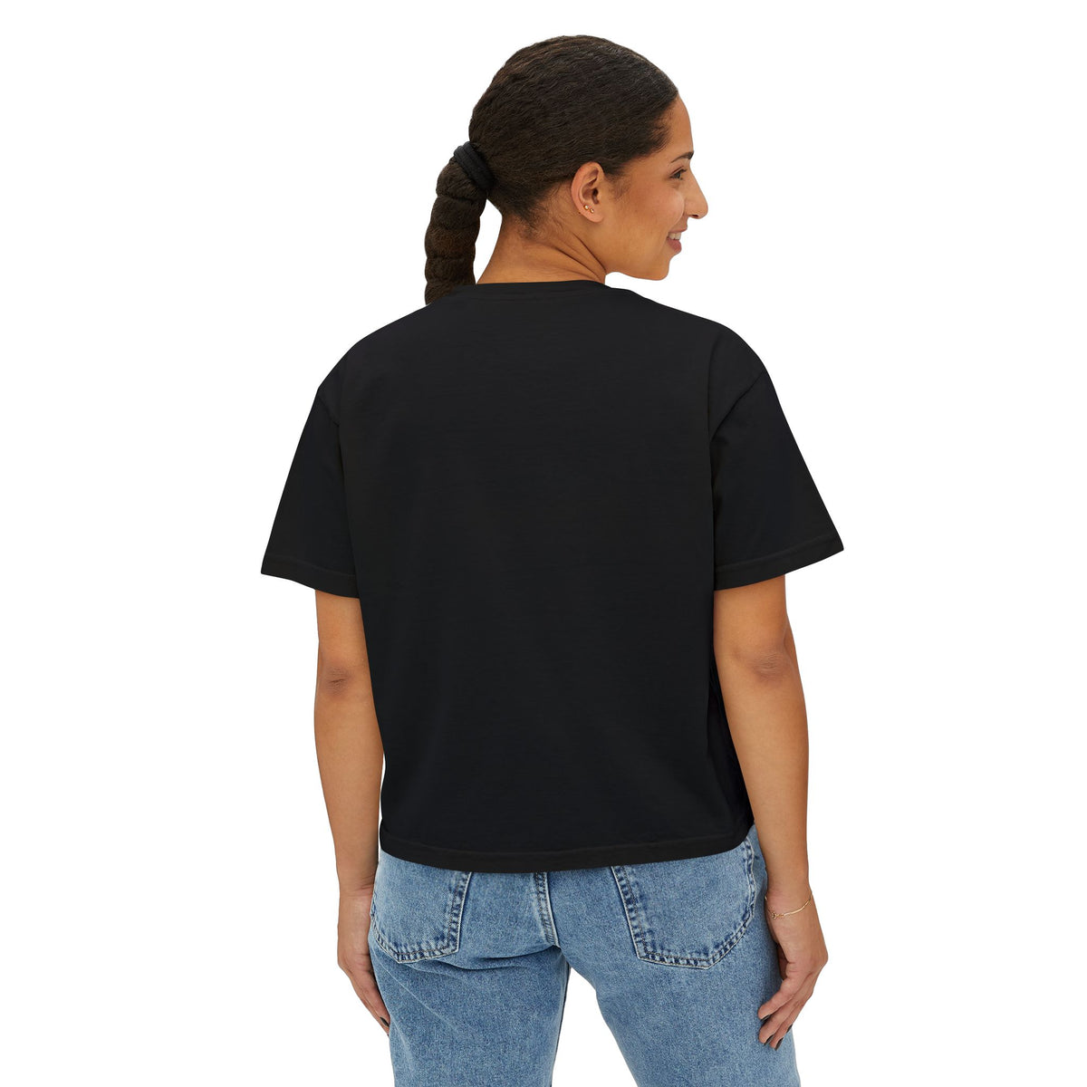 A woman wearing the Beauty Is the Expectation Boxy Tee in Black Color | Pretty & Petty | Pretty and Petty
