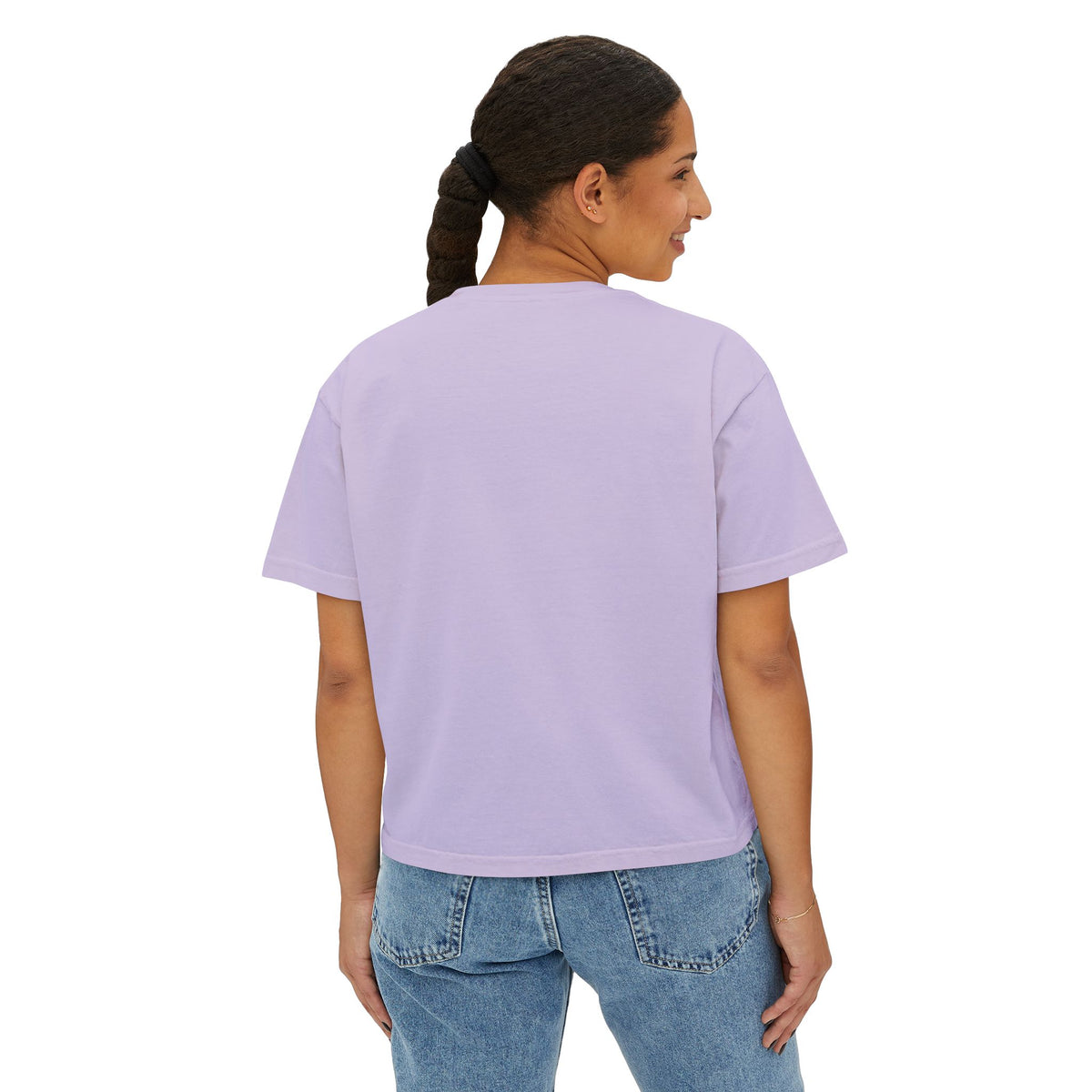 A woman wearing the Beauty Is the Expectation Boxy Tee in Orchid Color | Pretty & Petty | Pretty and Petty