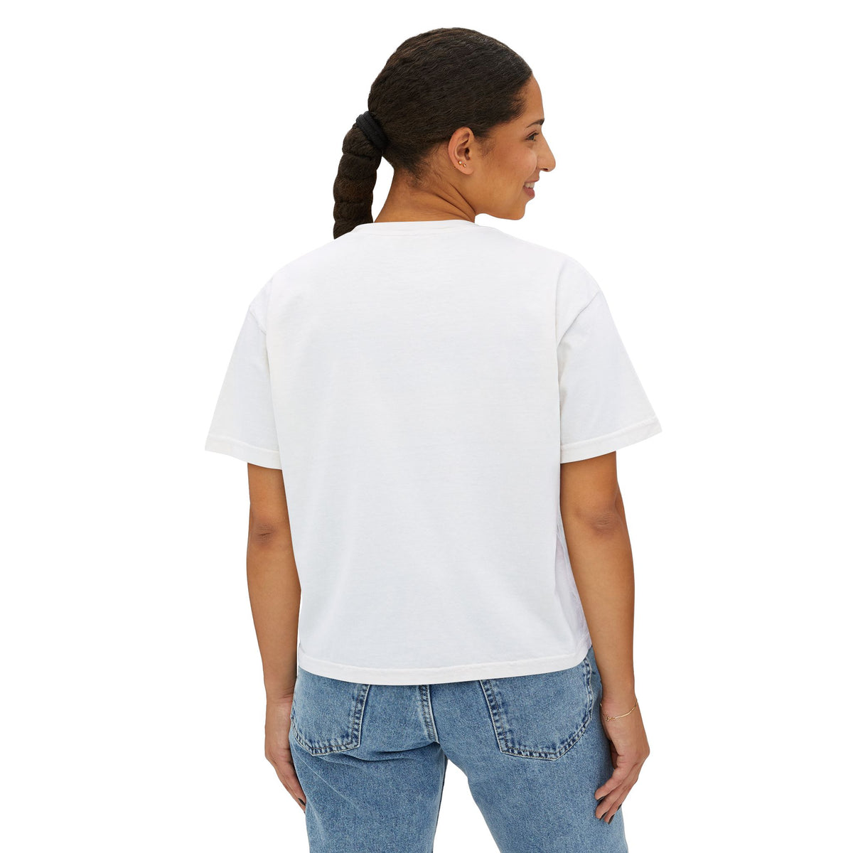A woman wearing the Beauty Is the Expectation Boxy Tee in White Color | Pretty & Petty | Pretty and Petty
