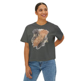 A woman wearing the Beauty Is the Expectation Boxy Tee in Grey Color | Pretty & Petty | Pretty and Petty
