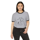 A Woman Wearing The On My High Horse Tee in Heather Grey Color with Black Lines | Pretty & Petty | Pretty and Petty