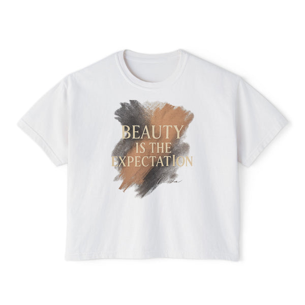 Beauty Is the Expectation Boxy Tee in White Color | Pretty & Petty | Pretty and Petty